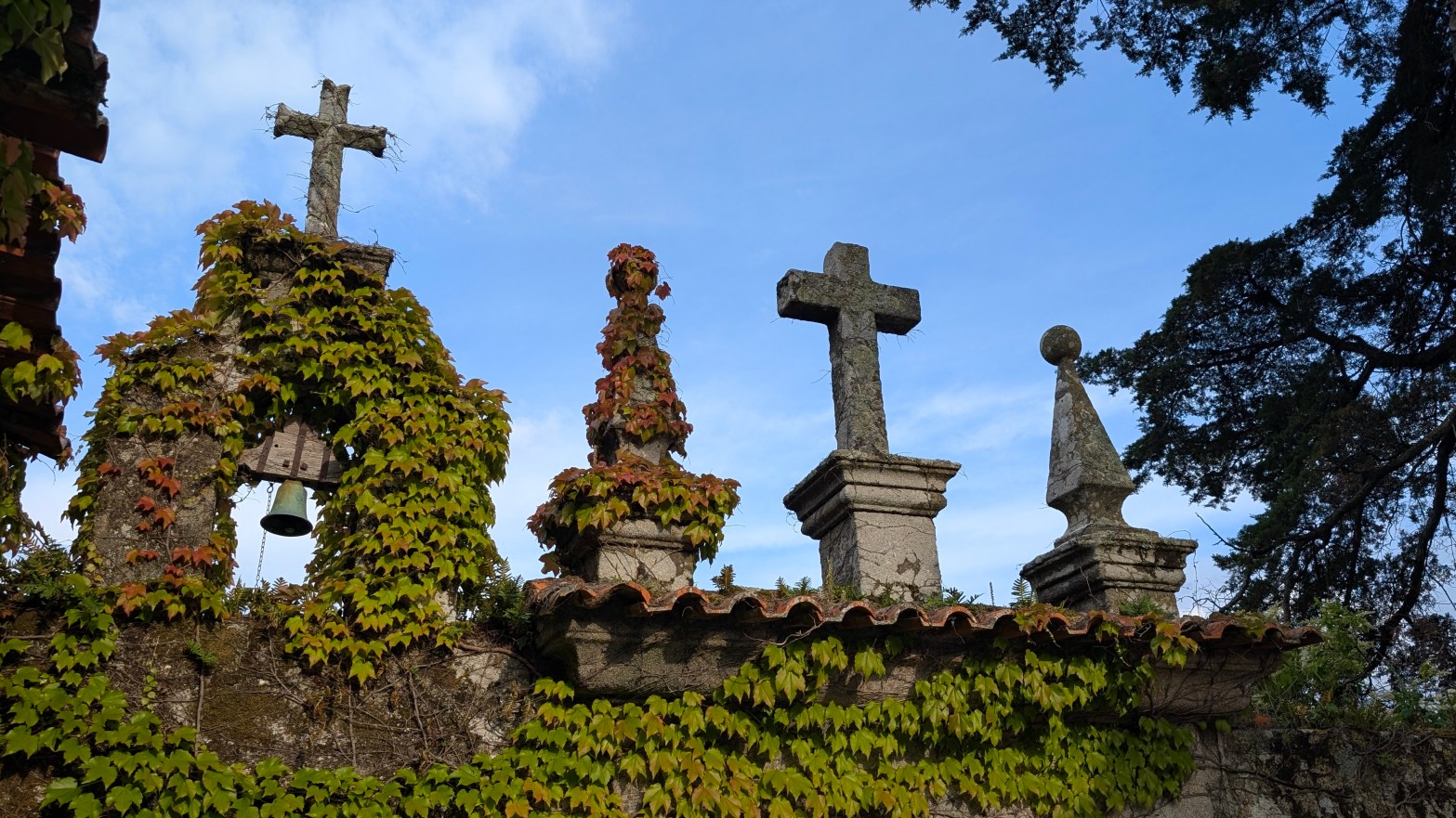 Cruzes no cimo de uma parede cobertas de hera